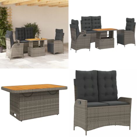 Juego de comedor de jardín 4 piezas con cojines ratán PE gris - Sillas de jardín reclinables - Mesa de jardín elevable