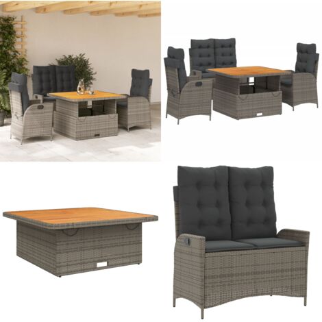 Juego de comedor de jardín 4 piezas con cojines ratán PE gris - Sillas de jardín reclinables - Mesa de jardín elevable