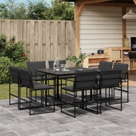 Juego de comedor de jardín 9 piezas con cojines textileno negro