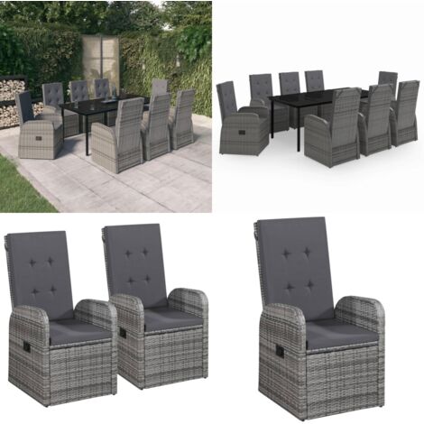 Juego de comedor de jardín 9 pzas con cojines gris - Juego de comedor - Mesa de jardín