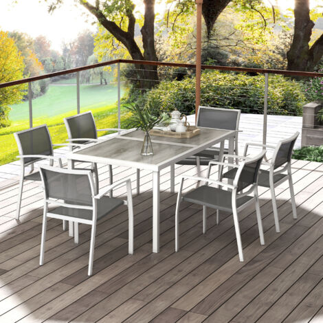 Juego de Comedor de Jardín de 7 Piezas con 1 Mesa y 6 Sillas Apilables Estilo Moderno para Terraza Patio Blanco y Gris
