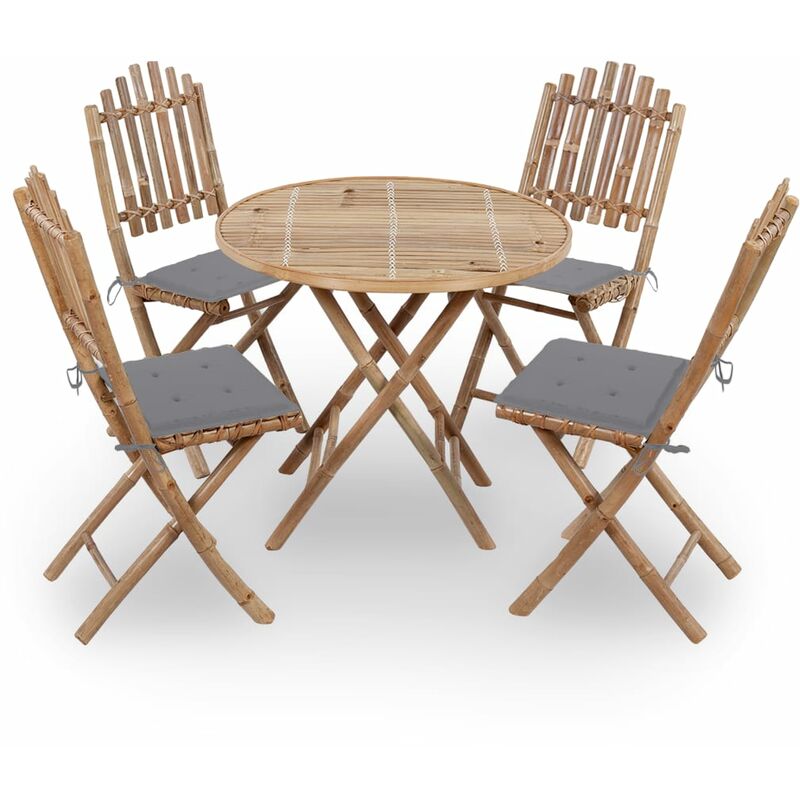 

Juego de comedor de jardín plegable 5 piezas bambú con cojines