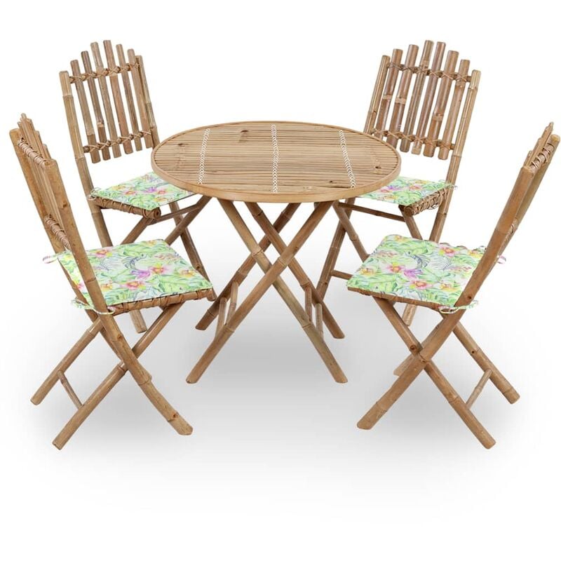 

Juego de comedor de jardín plegable 5 piezas bambú con cojines