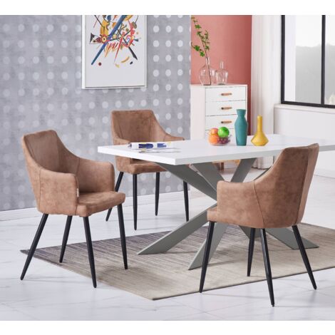 Juego de comedor Duke LUX Zarah: mesa de comedor de madera blanca y juego de 4 sillas de comedor de cuero beige - Comedor Cocina