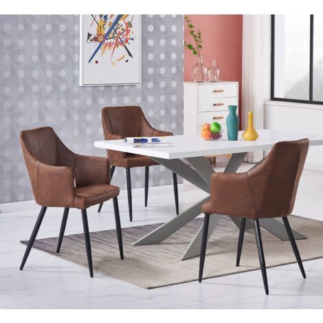 Juego de comedor Duke LUX Zarah: mesa de comedor de madera blanca y juego de 4 sillas de comedor de cuero marrón - Comedor Cocina