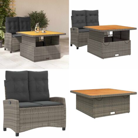Juego de comedor jardín 2 pzas con cojines ratán sintético gris - Banco de jardín - Mesa de jardín