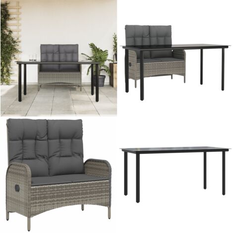 Juego de comedor jardín 2 pzas con cojines ratán sintético gris - Banco exterior - Mesa de jardín