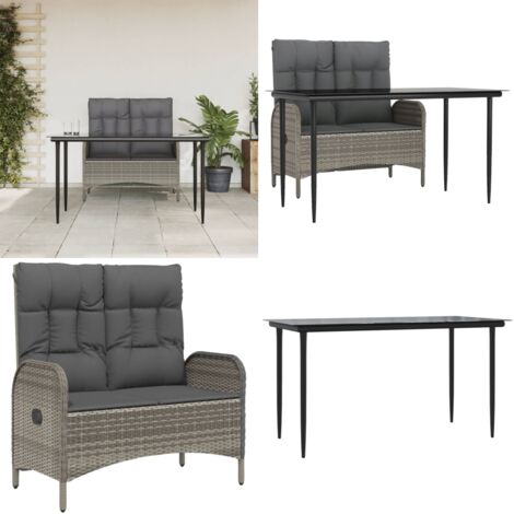 Juego de comedor jardín 2 pzas con cojines ratán sintético gris - Banco exterior - Mesa de jardín