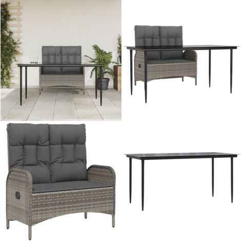 Juego de comedor jardín 2 pzas con cojines ratán sintético gris - Banco exterior - Mesa de jardín