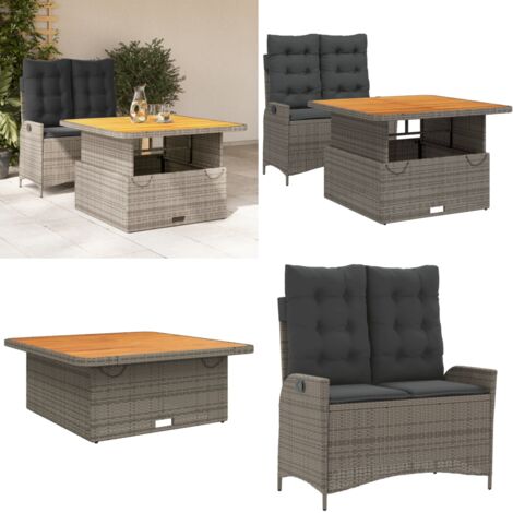 Juego de comedor jardín 2 pzas con cojines ratán sintético gris - Banco reclinable - Mesa de jardín elevable