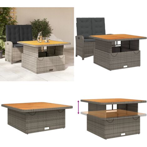 Juego de comedor jardín 2 pzas con cojines ratán sintético gris - Banco reclinable - Mesa de jardín elevable