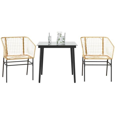 Juego de comedor jardín 3 piezas ratán sintético vidrio marrón