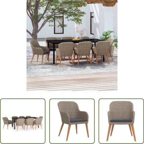Juego de comedor -  Juego de comedor de jardín 9 piezas y cojines marrón