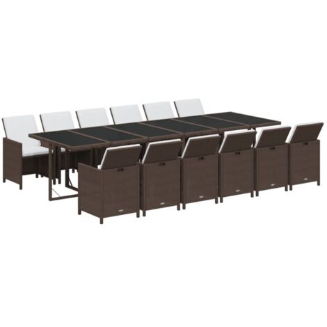 Juego de comedor muebles de jardín muebles de exterior cojines 13 piezas resina tejida marrón