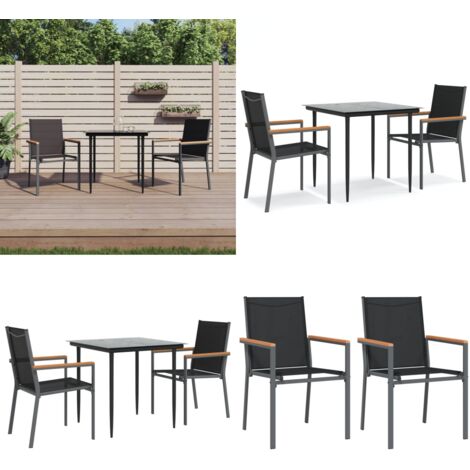 Juego de comedor para jardín 3 piezas acero y textilene negro - Juego de comedor - Mesa de jardín