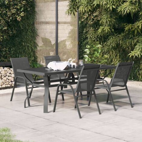 Juego de comedor para jardín 5 piezas con cojines gris y negro