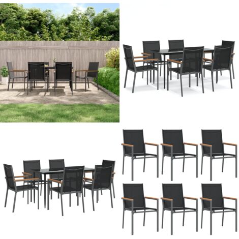 Juego de comedor para jardín 7 piezas acero y textilene negro - Comedor de jardín - Sillas de jardín