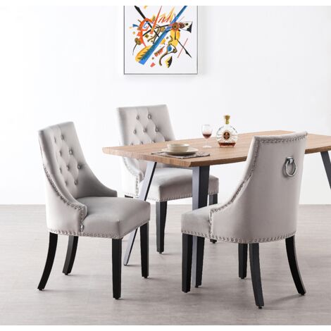 Juego de comedor Rocco LUX Windsor: una mesa de comedor de madera de roble y un juego de 4 sillas de comedor de terciopelo gris claro - Comedor Cocina
