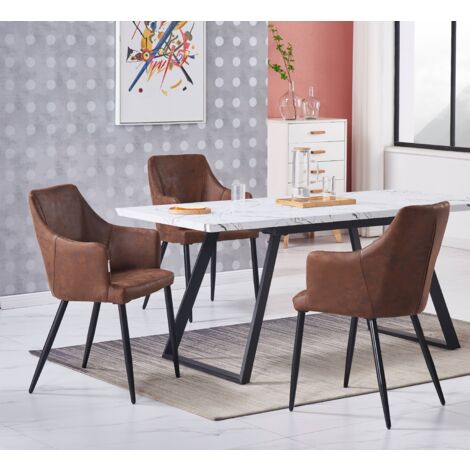 Juego de comedor Toga LUX Zarah: mesa de comedor extensible blanca y juego de 4 sillas de comedor de cuero marrón - Comedor Cocina