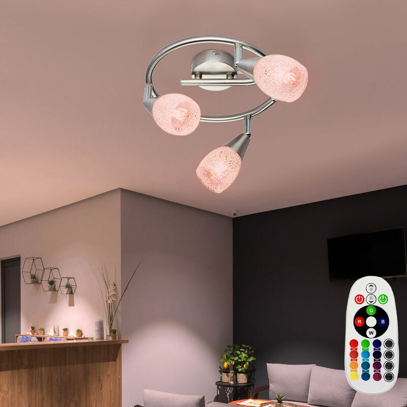 

Lámpara de techo redonda de cristal con control remoto con atenuador móvil en un juego que incluye fuente de luz LED RGB