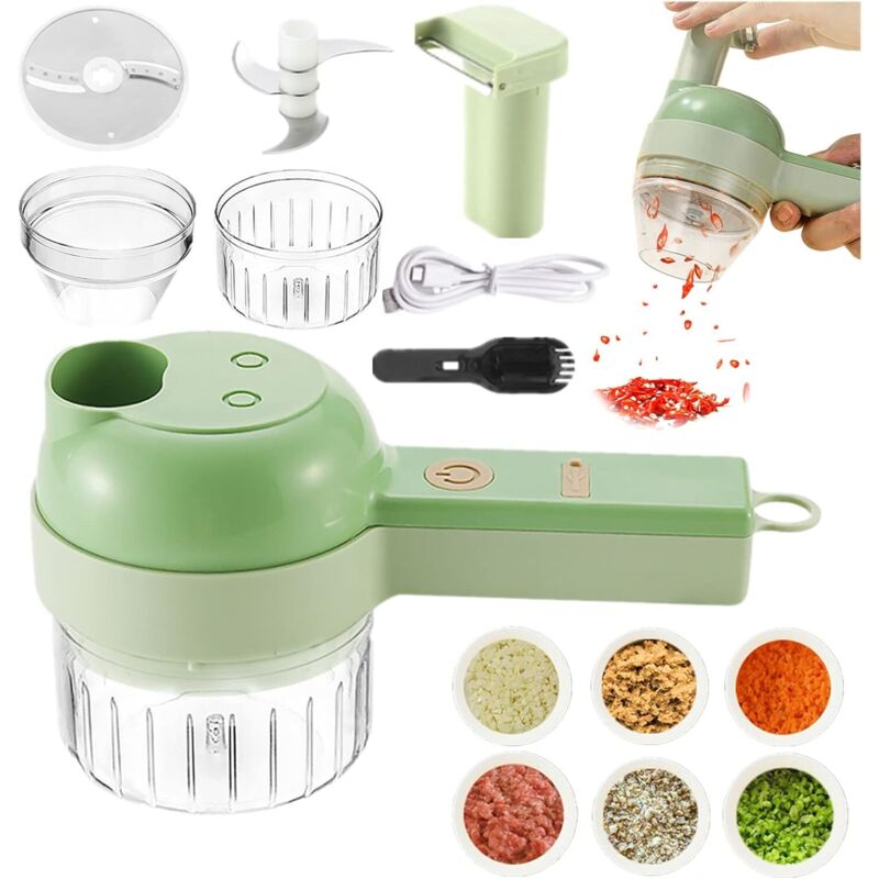 Juego de cortador de verduras eléctrico 4 en 1, espiralizador portátil, cortador de frutas multifuncional con recipiente y cepillo de limpieza, carga