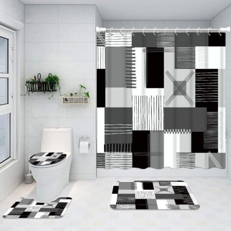 Juego de cortina de ducha, que incluye una alfombrilla antideslizante para el suelo, una alfombrilla de baño y una cortina de ducha, color negro.
