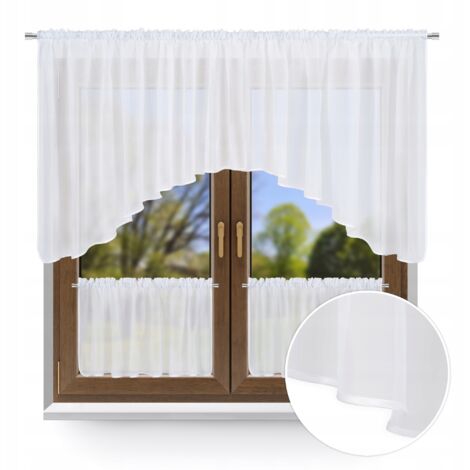 Juego de cortinas de cocina blancas de 300 cm de ancho con un moderno lazo.