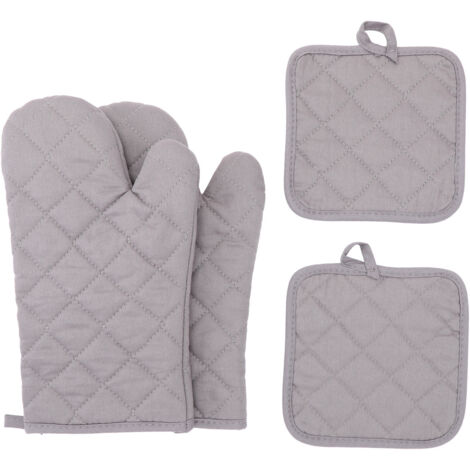 Juego de cuatro guantes resistentes al calor y a altas temperaturas, color gris liso.