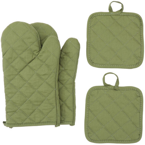 Juego de cuatro guantes resistentes al calor y a altas temperaturas, color liso: verde militar.