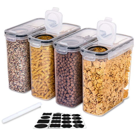 Juego de cuatro recipientes herméticos de gran capacidad (2,5 L), libres de BPA, ideales para organizar y almacenar cereales, arroz, pasta, etc. Incluye etiquetas y un marcador.