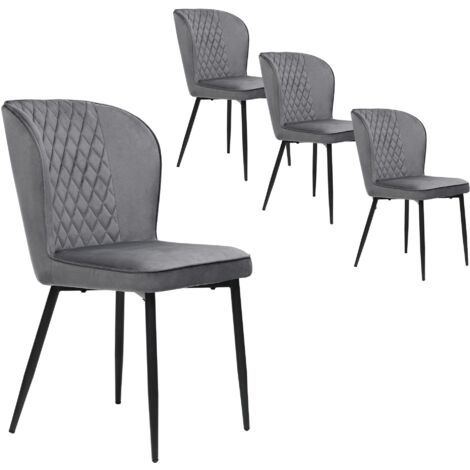 Juego de cuatro sillas de comedor tapizadas en gris y sillones de terciopelo con respaldo gris y patas de metal negro para el hogar, la habitación de invitados, el dormitorio y la oficina.