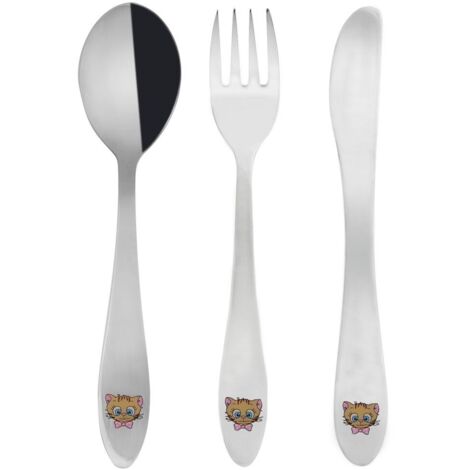 JUEGO DE CUBIERTOS DE ACERO PARA NIÑOS: CUCHILLO, TENEDOR, GATITO, 3 PIEZAS