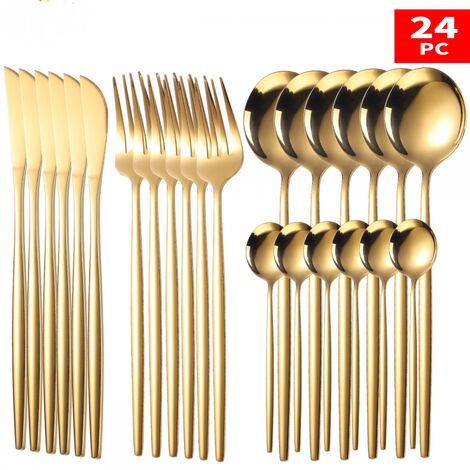 Juego de cubiertos dorados de acero inoxidable, cubiertos de espejo, cuchillo, tenedor, cuchara, aptos para lavavajillas, 24 piezas