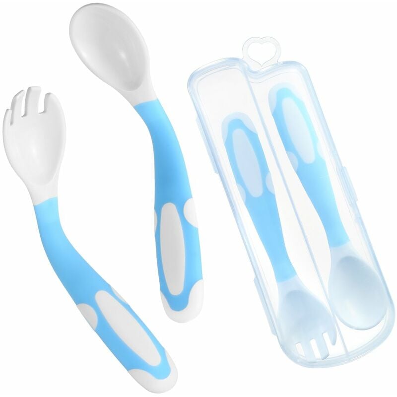 

Happyshopping - Juego de cuchara y tenedor para bebe, estuche de viaje, mango flexible y antideslizante, cuchara de entrenamiento para bebes con caja