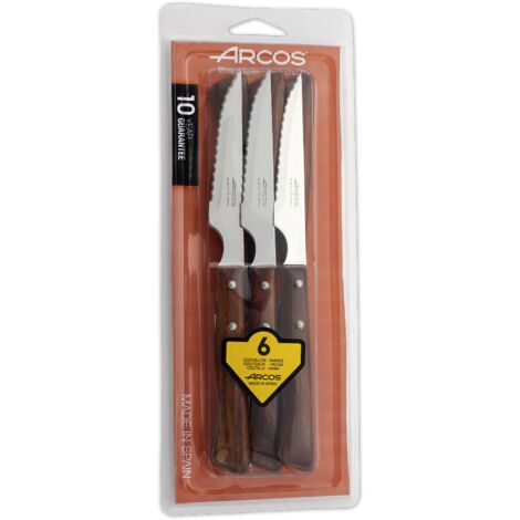 Juego de Cuchillos Chuleteros Arcos de Mesa 372000 monoblock de una pieza de acero inoxidable, mango de madera comprimida ,hoja de 11 cm en blíster