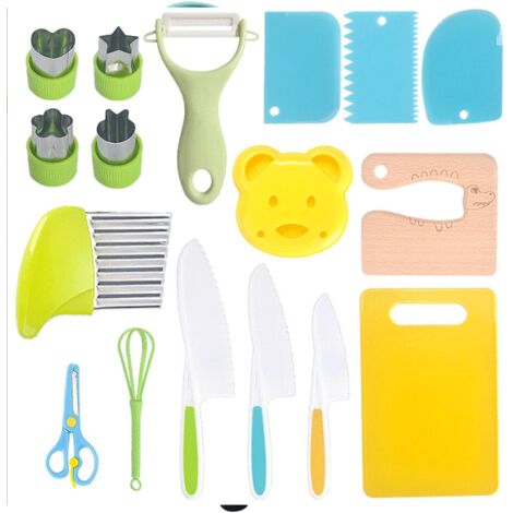 Juego de cuchillos de cocina seguros para niños - 17 piezas. Cuchillos para niños para cortar y cocinar frutas o verduras Cuchillos que no cortan, cuchillos para niños de 2 años en adelante.