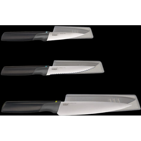 Juego de cuchillos Duo de 3 piezas de Joseph Joseph, cuchillos de cocina con mangos equilibrados y cubiertas de protección, acero inoxidable japonés, color Ópalo.