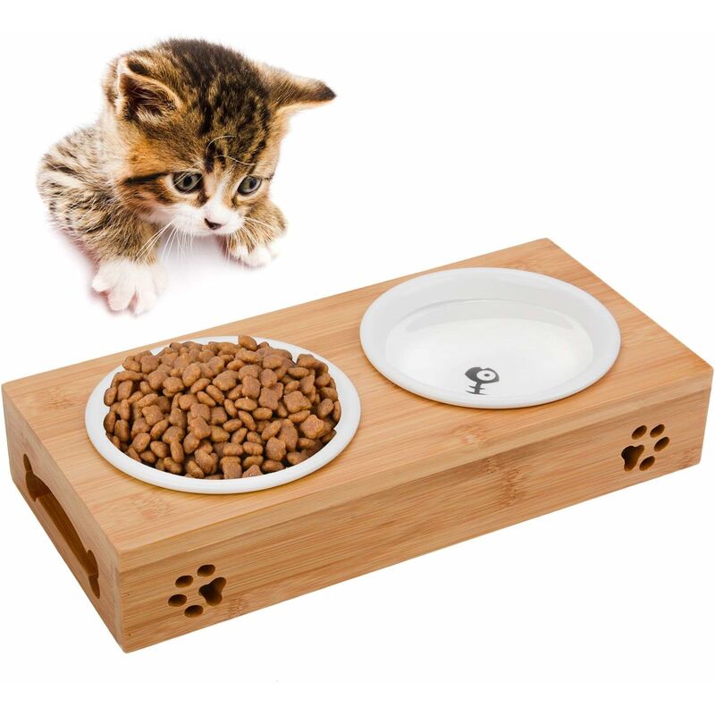 

Juego de cuencos Juego de cerámica antideslizante con soporte de bambú Alimentador de mascotas Stent de bambú Cuenco doble para perro y gato