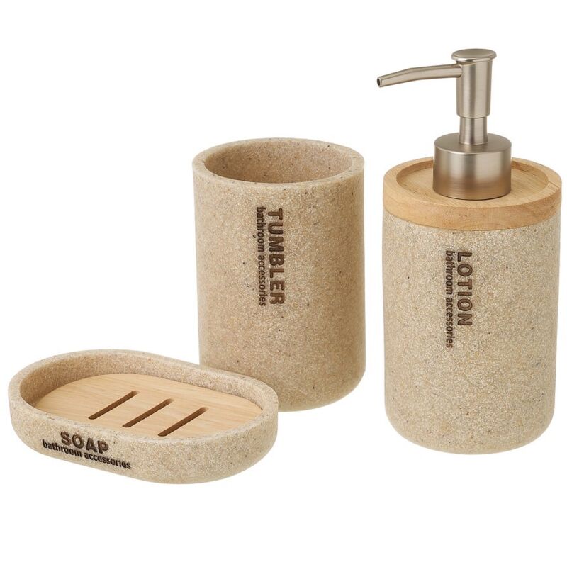 

Lolahome - Juego de dispensador, jabonera y vaso portacepillos de resina y madera beige