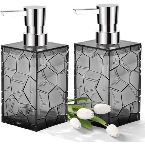Juego de dos dispensadores de jabón líquido de plástico acrílico transparente para baño y cocina, en color negro y gris.