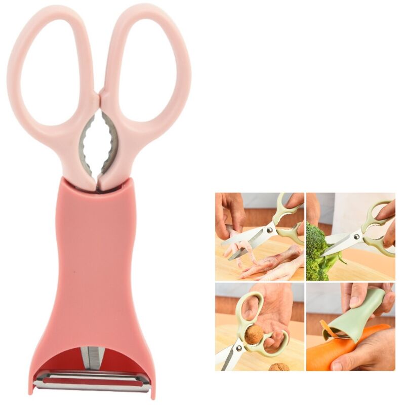 Juego de dos piezas de tijeras y cepillo para melones - tijeras domésticas multifuncionales de acero inoxidable - rosa