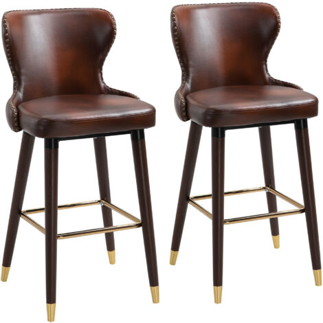 Juego de dos taburetes de bar marrones, elegantes sillas bistró con reposapiés y respaldo, para cocina, salón y comedor.