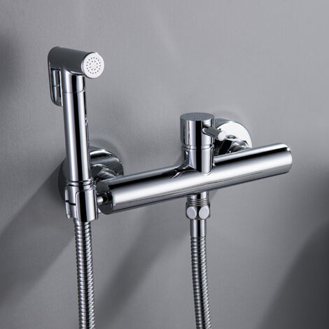 Juego de ducha de pared para baño, accesorio para inodoro, bidé, ducha de mano con válvula de control dual (1 entrada, 2 salidas) (gris)