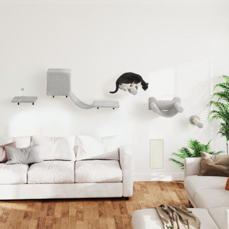 Juego de Escalada para Gatos de Pared de 6 Piezas con Condominio Plataforma Hamaca Escaleras y Tabla de Rascar Gris