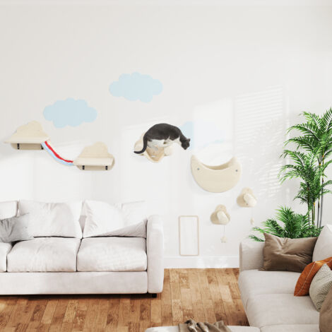 Juego de Escalada para Gatos de Pared de 6 Piezas con Hamacas Plataformas Tabla Rascador Escaleras y Estrellas Beige
