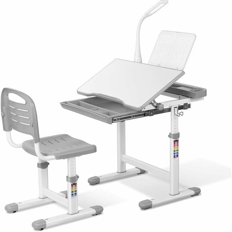 

Juego de Escritorio Ajustable para Niños de 3 a 14 Años, Silla y Mesa de Escritorio Infantil Ergonómico con Lámpara LED y Soporte de Lectura (Gris)
