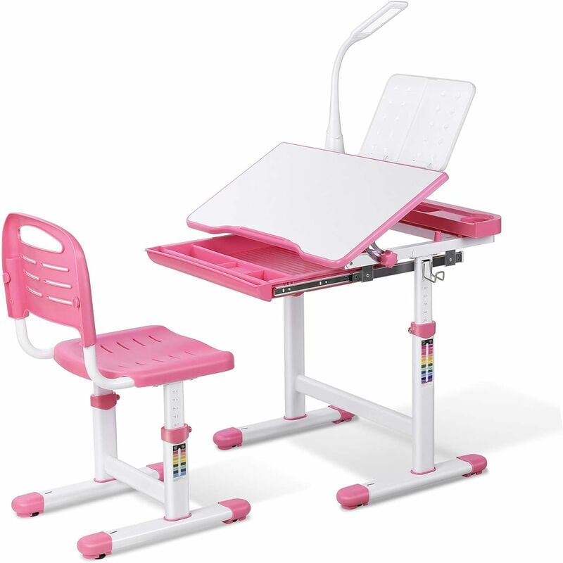 

Juego de Escritorio en Altura Ajustable para Niños de 3 a 14 años,Escritorio Infantil ergonómico con Lámpara LED y Soporte de Lectura (Rosa)