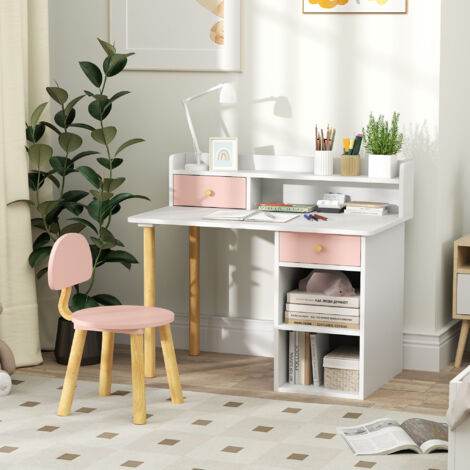 Juego de Escritorio Infantil con Silla Pupitre Infantil con Cajones Compartimento y Estantes Rosa y Blanco