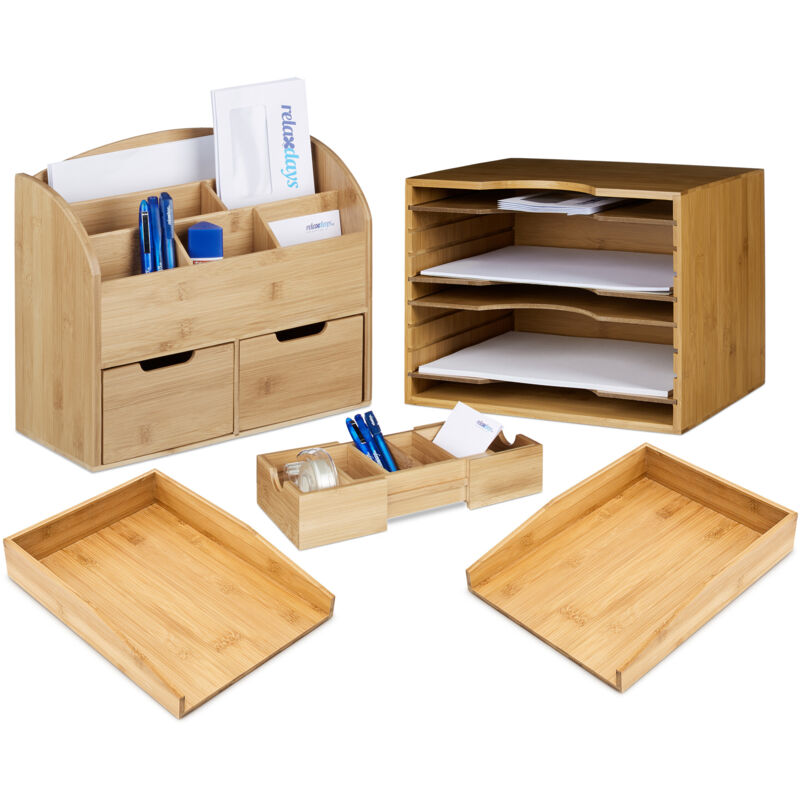juego de escritorio XXL de 5 piezas de bambú, 2 bandejas A4, 2 organizadores, organizador de tarjetas, natural