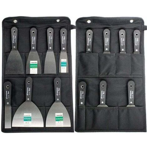 Juego de espátulas de acero para masilla, juego de 7 espátulas con bolsa de almacenamiento, raspador de pared, mango de plástico antideslizante